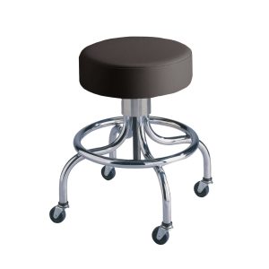 Spin-Lift adjustable seated stool with brown vinyl cushion and four-leg chrome base on casters