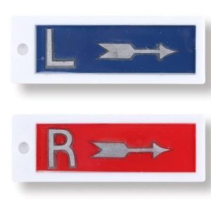 Pair of embedded plastic arrow markers, blue L and red R, with directional arrows