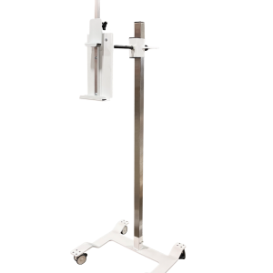 Mobile stainless steel CR/DR panel holder on a wheeled base, holding an imaging panel at an angle