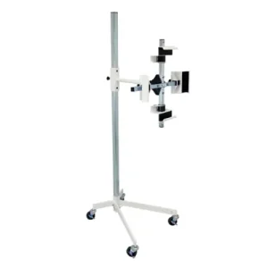 Mobile Positioning Pro DR panel holder on a rolling floor stand, holding a panel in a clamp mount