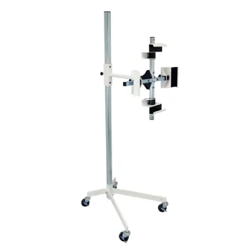 Mobile Positioning Pro DR panel holder on a rolling floor stand, holding a panel in a clamp mount