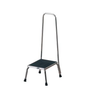 Chrome standard single platform step stool with handrail and black non-slip tread