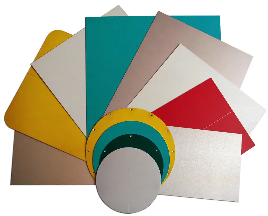 Fanned display of radiography grids in assorted sizes, shapes, and colors